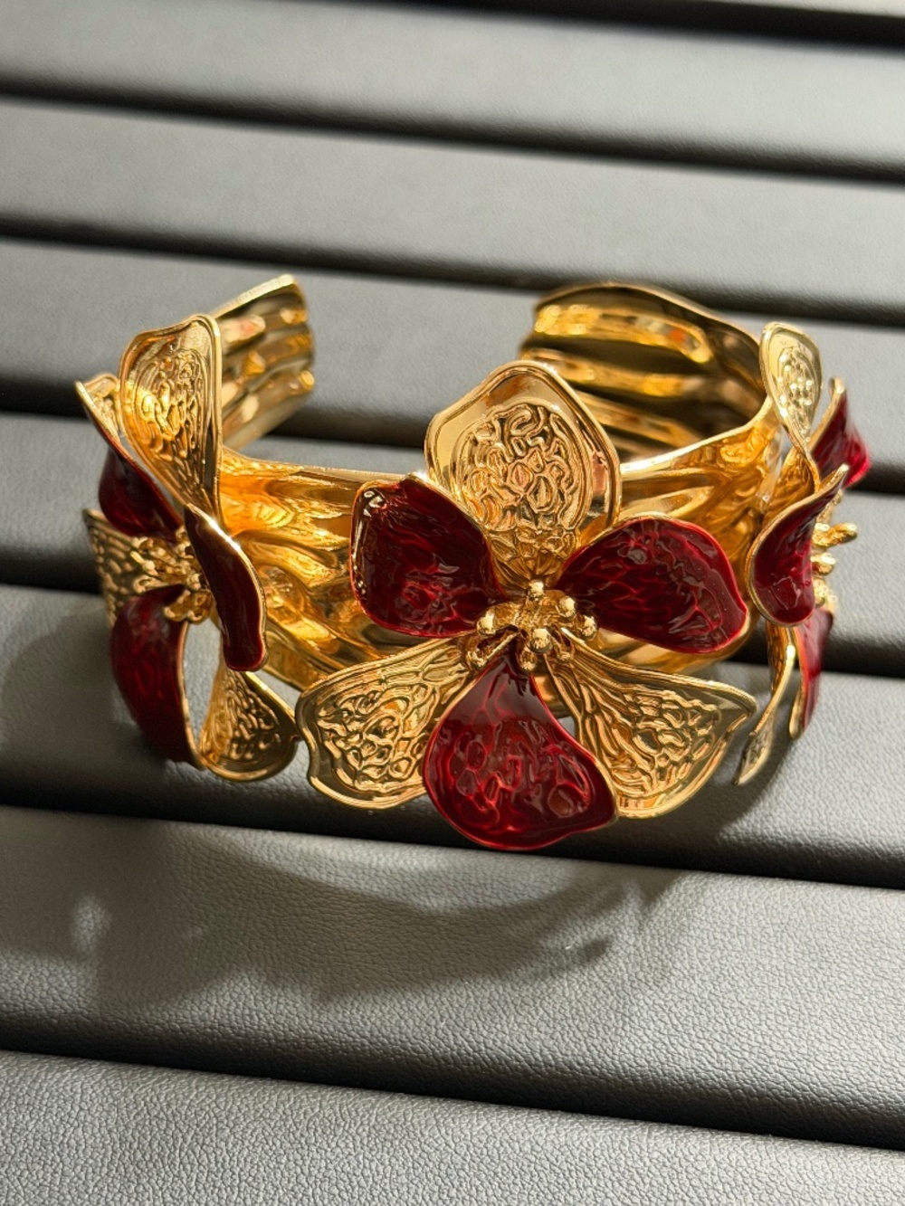 Vintage Golden Burgundy Enamel Floral Adjustable Open Cuff Bracelet
